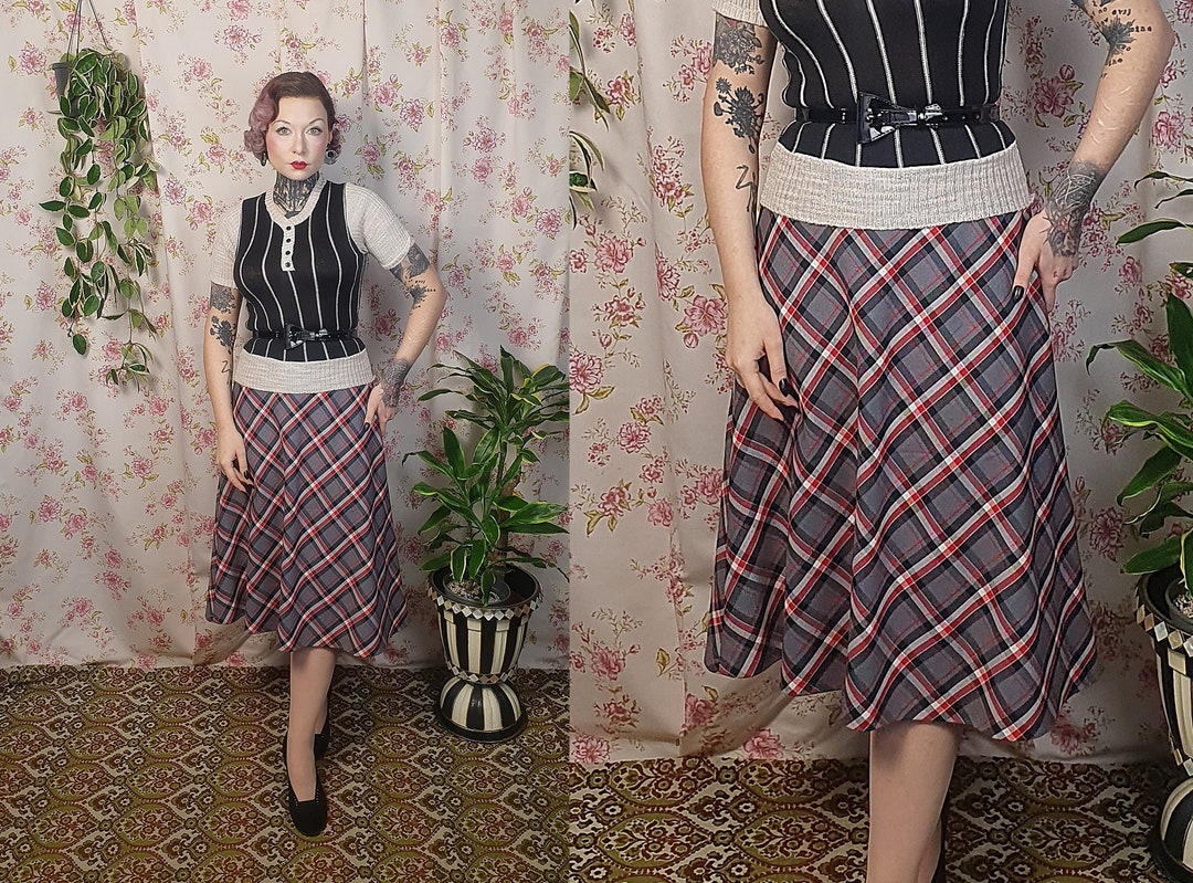 Vintage Grey & Red Floral Print A-line Skirt 4 6 main image 0