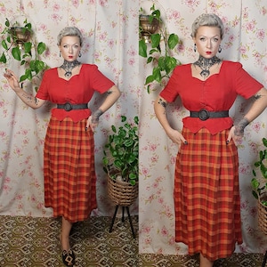 Orange red plaid austrian cottagecore folk style designer Betty Barclay dress - UK10-12 - 1940s 1950s style - german trachten peasant dress