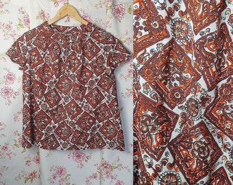 Vintage sleeveless geometric paisley pattern orange white brown blouse - UK8 - 12 -1940s 1950s style - 60s mid century cotton sleeveless top