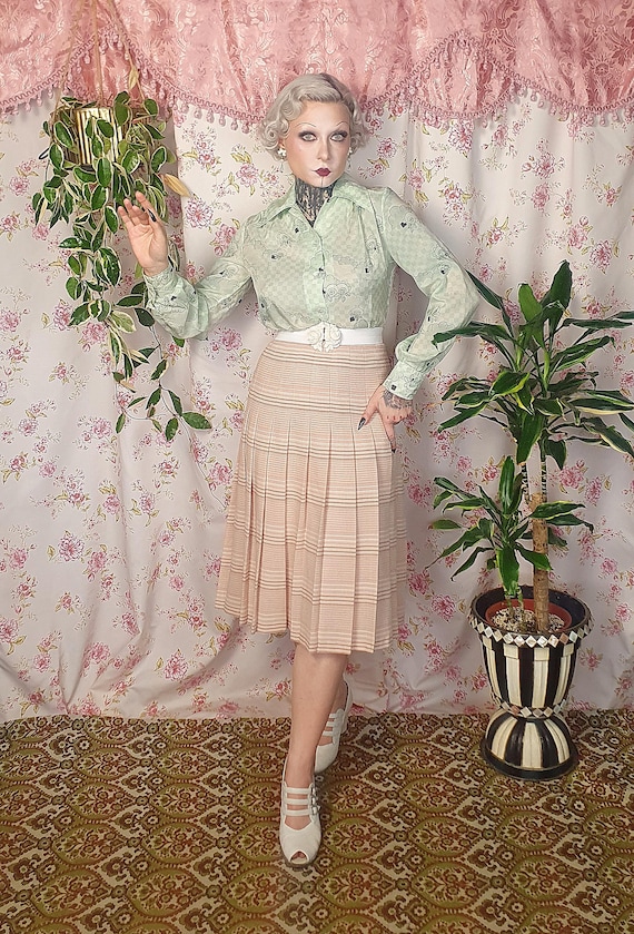 Beige pink A line pleated striped rayon blend skirt - UK8 - 1940s 1950s style - 80s does 50s high waist romantic pleat skirt