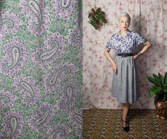 Vintage A line pastel purple green paisley print … - image 1