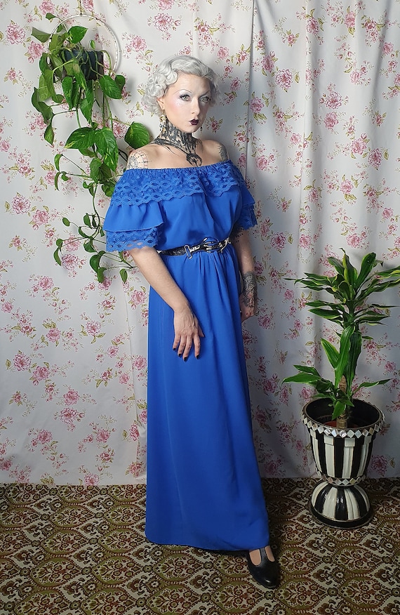Vintage royal blue lace evening maxi off shoulder… - image 2