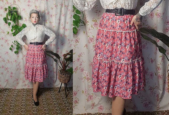 Vintage Pink Purple Romantic Tiered Floral Pattern a Line Skirt UK 8 10 1940s 1950s Style 80s Does 40s Cottagecore Ric Rac Skirt Etsy