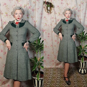 Romantische lichtgewicht groene tweed peter pan kraag a-lijn jas met katoenfluwelen detail - UK8 - jaren 40-jaren 50 - jaren 40 50 pin-up wollen jas