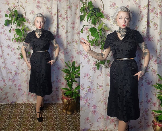 AS IS Vintage mid century black floral jacquard w… - image 1