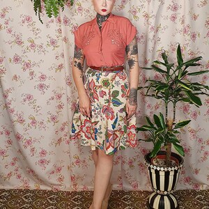 Burnt umber 40s 50s rayon gabardine sleeveless romantic collared shirt - UK10 - 80s does 50s sleeveless marsala floral embroidery top image 3