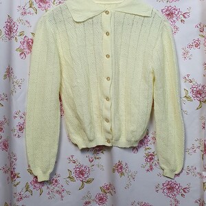 May include: A pale yellow cardigan with a rounded collar and long sleeves. The button-down sweater has a textured knit pattern and is hanging on a wooden hanger. The background is a floral patterned fabric.