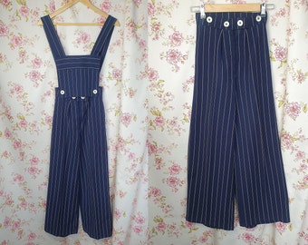 Vintage Pinstripe Cotton Overalls – 1940s Style Blue Slacks
