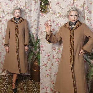 Camel tan 30s style wool glamorous fur lined a line cashmere winter coat - UK 19-12+ - 1930s 1950s style-70s does 30s wool coat fit faux fur