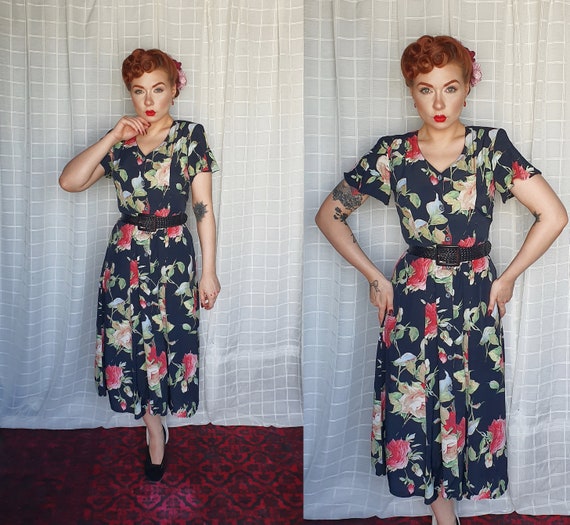 Vintage 1930s 1940s style floral a line black dres