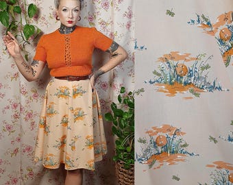 Vintage Peach Floral Cotton Half Circle Skirt - 80s Does 50s Style