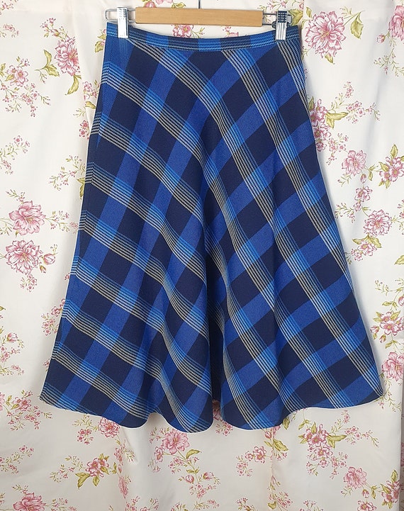 Vintage A line pleated plaid blue white thin wool… - image 8