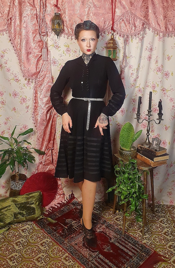 Vintage 40s Black Wool Crepe Bishop Sleeve Swing Dress - 1940s Style UK10