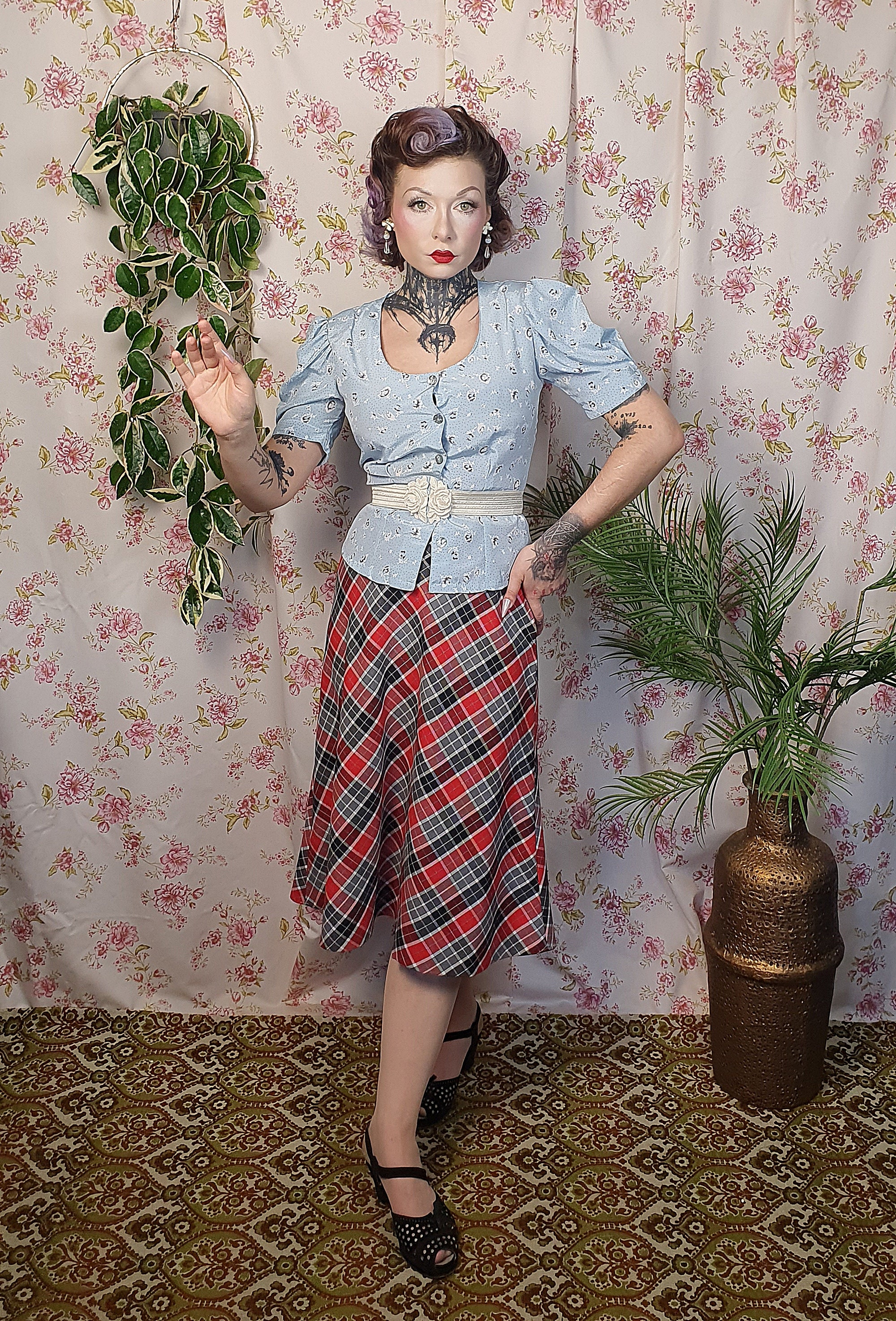 Graphic Plaid A Line Red Grey Tartan Demi-seasonal Skirt - UK 8