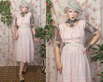Drop waist 20s style pastel pink cotton embroidered floral sleeveless summer dress - UK12-14 - 1920s 1930s style - 80s does 20s sundress