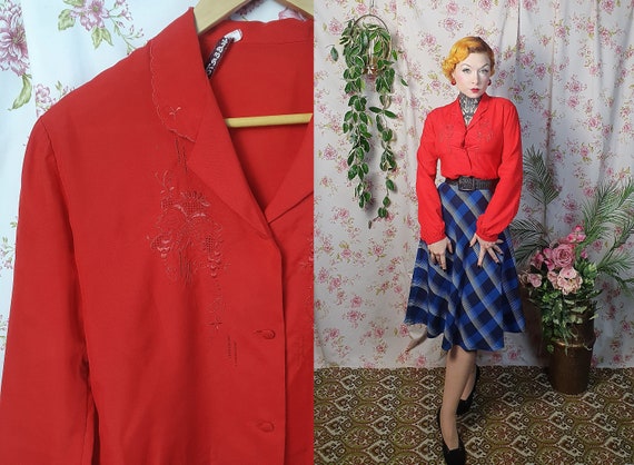 Chemisier a col a manches longues en dentelle rouge vintage UK8 10 style des annees 1940 des annees 1950 annees 80 fait des annees 50 petoncle peter pan col haut Etsy France