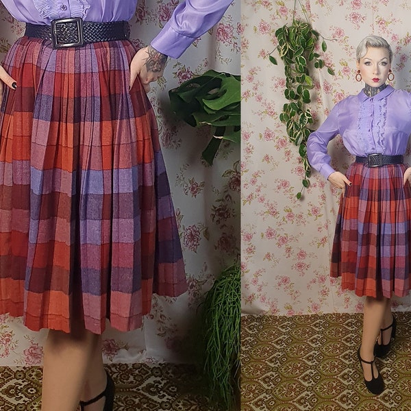 AS IS Vintage A line pleated orange brown purple thin wool swing skirt - UK8- 10 - 1940s 1950s style - 80s does 50s pleated check skirt