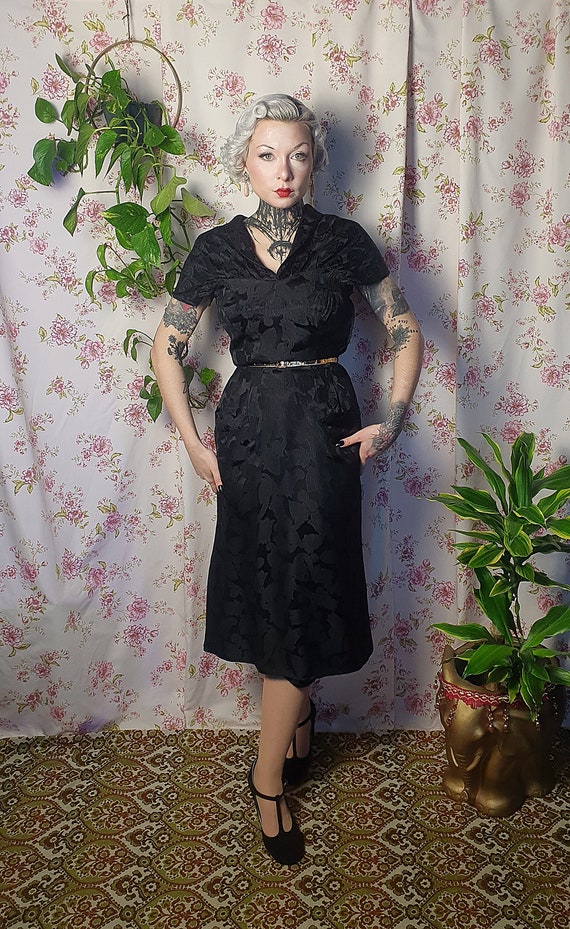 AS IS Vintage mid century black floral jacquard w… - image 4
