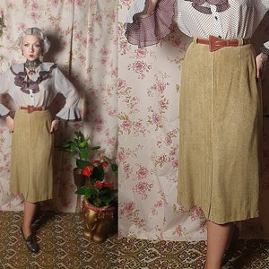 Vintage office style wiggle pencil soft beige herringbonerayon blend skirt -UK 8 -1940s 1950s - 80s does 50s beige straight wiggle skirt