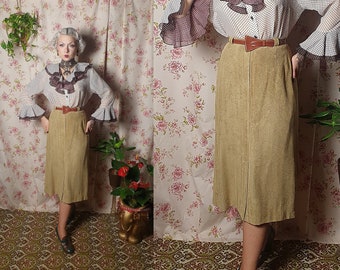 Gonna a tubino in misto rayon beige a spina di pesce in stile vintage da ufficio - taglia UK 8 - gonna dritta a tubino beige anni '50, '60 e '70