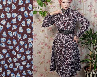 Brown blue floral print midcentury shirtwaister collared a line dress - UK10 - 12+ - 1940s 1950s style - 80s does 50s autumn color dress