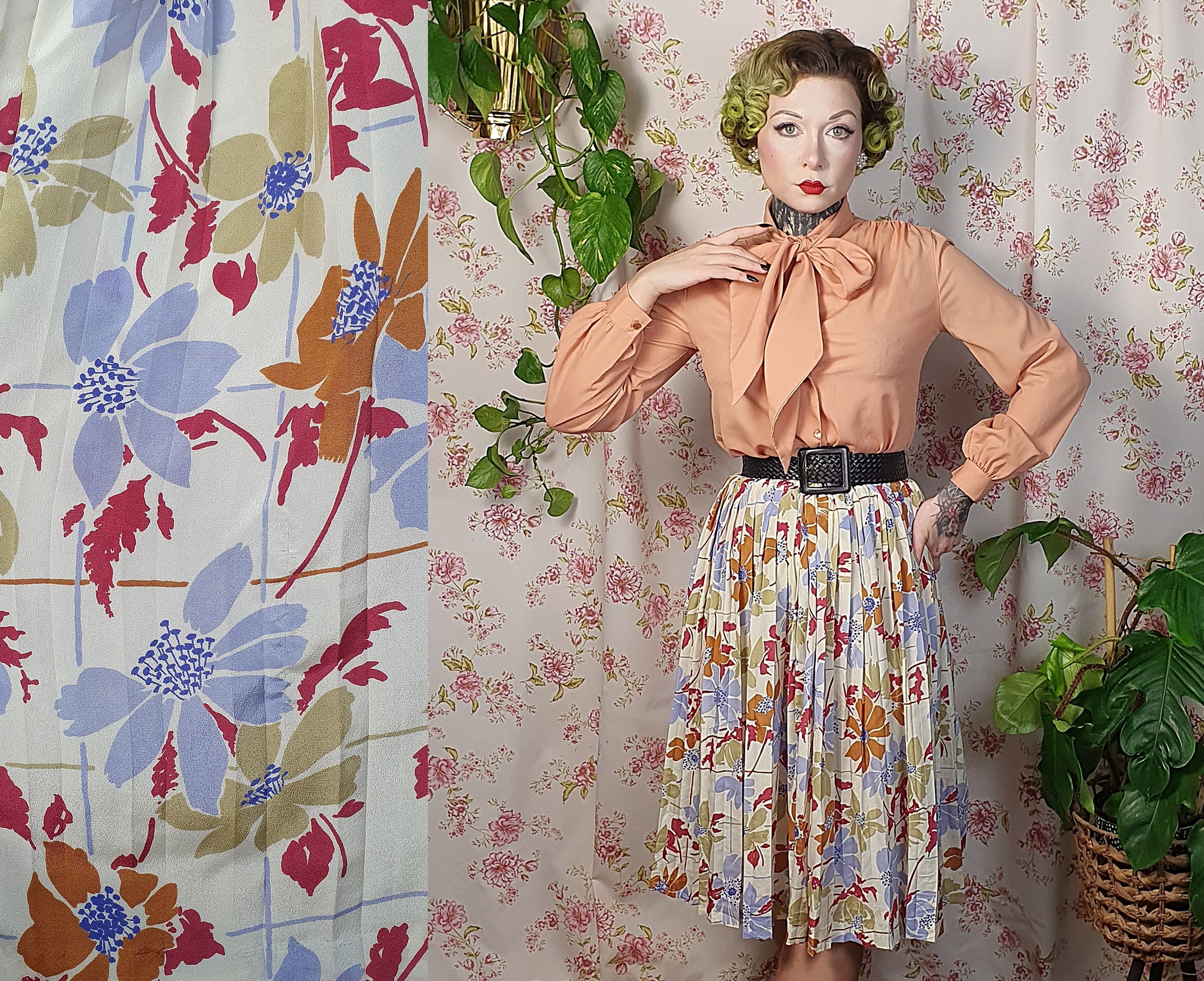 Vintage Floral Pleated Skirt – Colorful 1950s Style, UK12 - Etsy