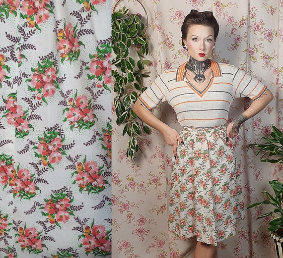 Vintage White Pink Red Romantic Floral a Line Cotton Landgirl Skirt UK6 1940s 1950s Style 80s Does 50s a Line Cottagecore Floral Skirt Etsy