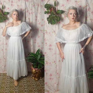 Vintage tulle polka dot evening wedding maxi off shoulder puffy sleeve dress - UK 8 - 1970s does 1930s - 1930s 1940s style - tulle dress