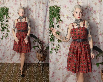 Vintage red brown plaid floral folk sleeveless strap cotton dress - UK 8 - 10- 1940s 1950s style -  50s cotton full skirt sleeveless dress