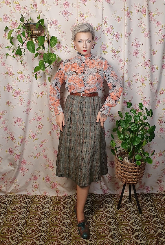 Vintage 70s Floral Georgette Blouse – Orange Bishop Sleeve Top, UK 10-14