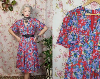 Red blue romantic floral print georgette flutter bell sleeves dress -UK10 - 12 -1930s 1940s style - 80s does 30s ditsy print floral dress
