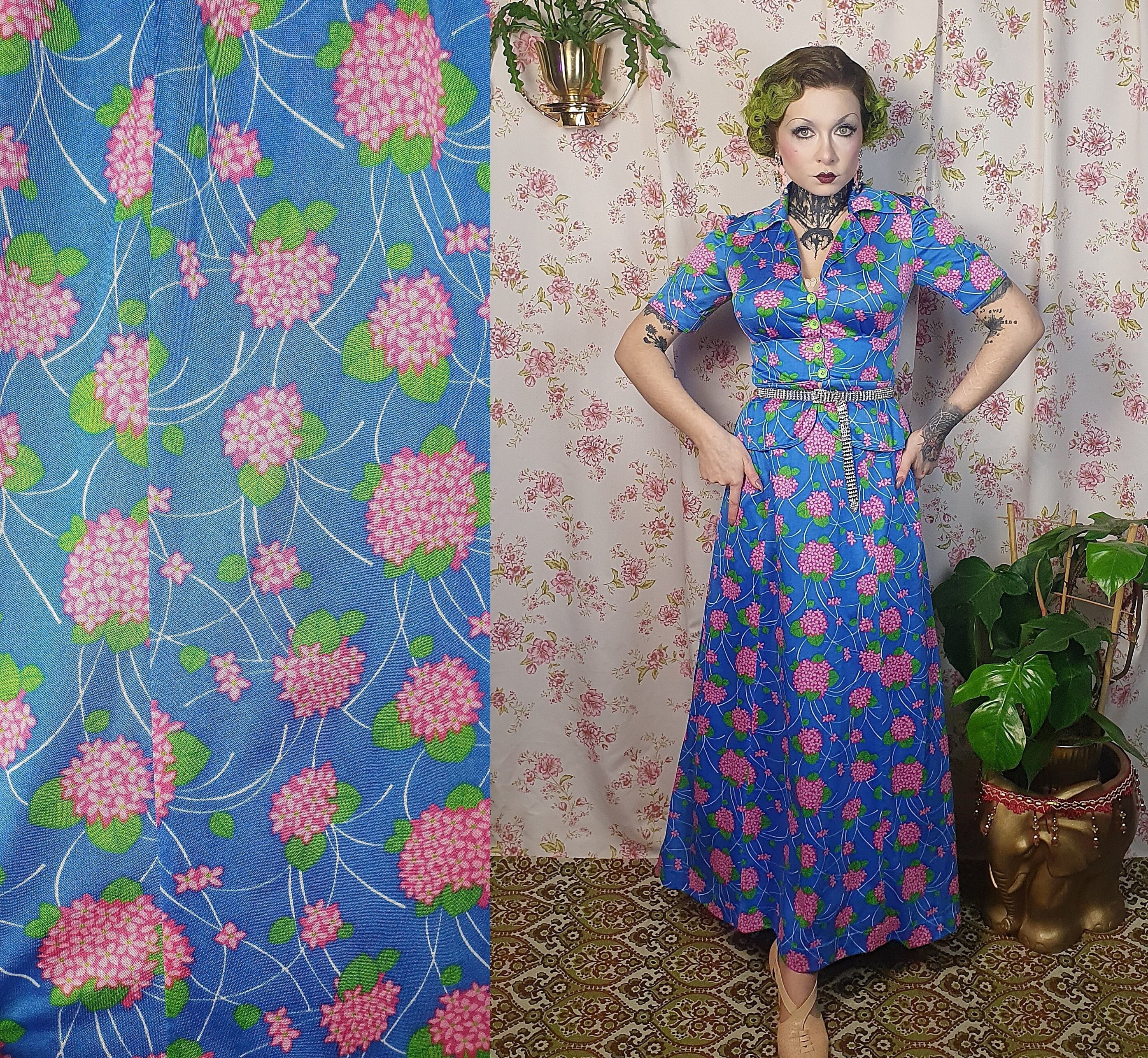 Vintage two piece blue pink floral romantic maxi 70s does 30s top and skirt set - UK 8 - 1930s 1940s style - 70s does 30s floral maxi dress