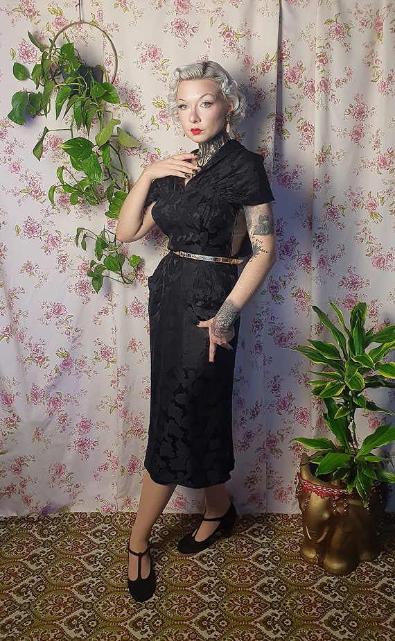 AS IS Vintage mid century black floral jacquard w… - image 6