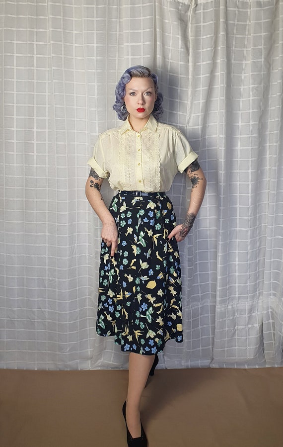 Vintage black floral a line rayon skirt - UK 10-1… - image 3