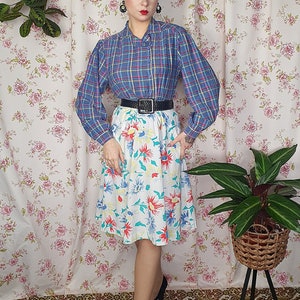 Vintage white blue red romantic floral a line cotton landgirl skirt UK 8-10 1940s 1950s style 80s does 50s a line 40s floral skirt image 3
