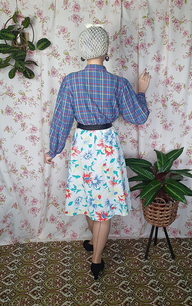 Vintage white blue red romantic floral a line cotton landgirl skirt UK 8-10 1940s 1950s style 80s does 50s a line 40s floral skirt image 7