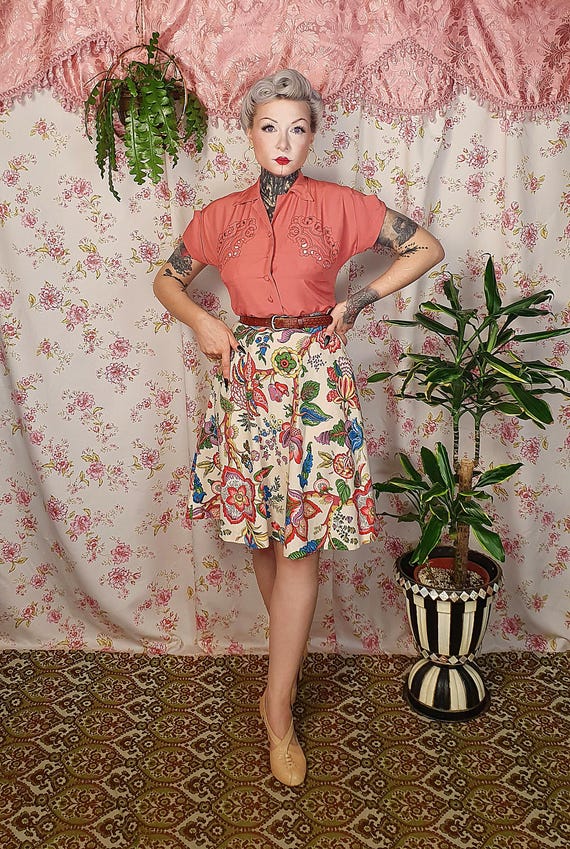 Vintage cotton boho floral print cream swing skirt - UK6 - 8 - 1940s 1950s style- 80s does 40s swing skirt - 70s floral print