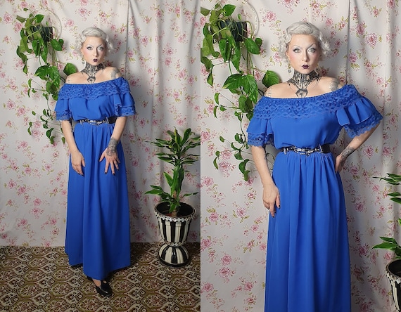 Vintage royal blue lace evening maxi off shoulder… - image 1