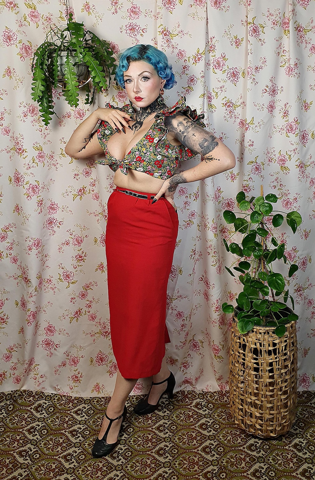 Floral Tie Crop Top – 1940s Style Flutter Sleeve Blouse, UK6