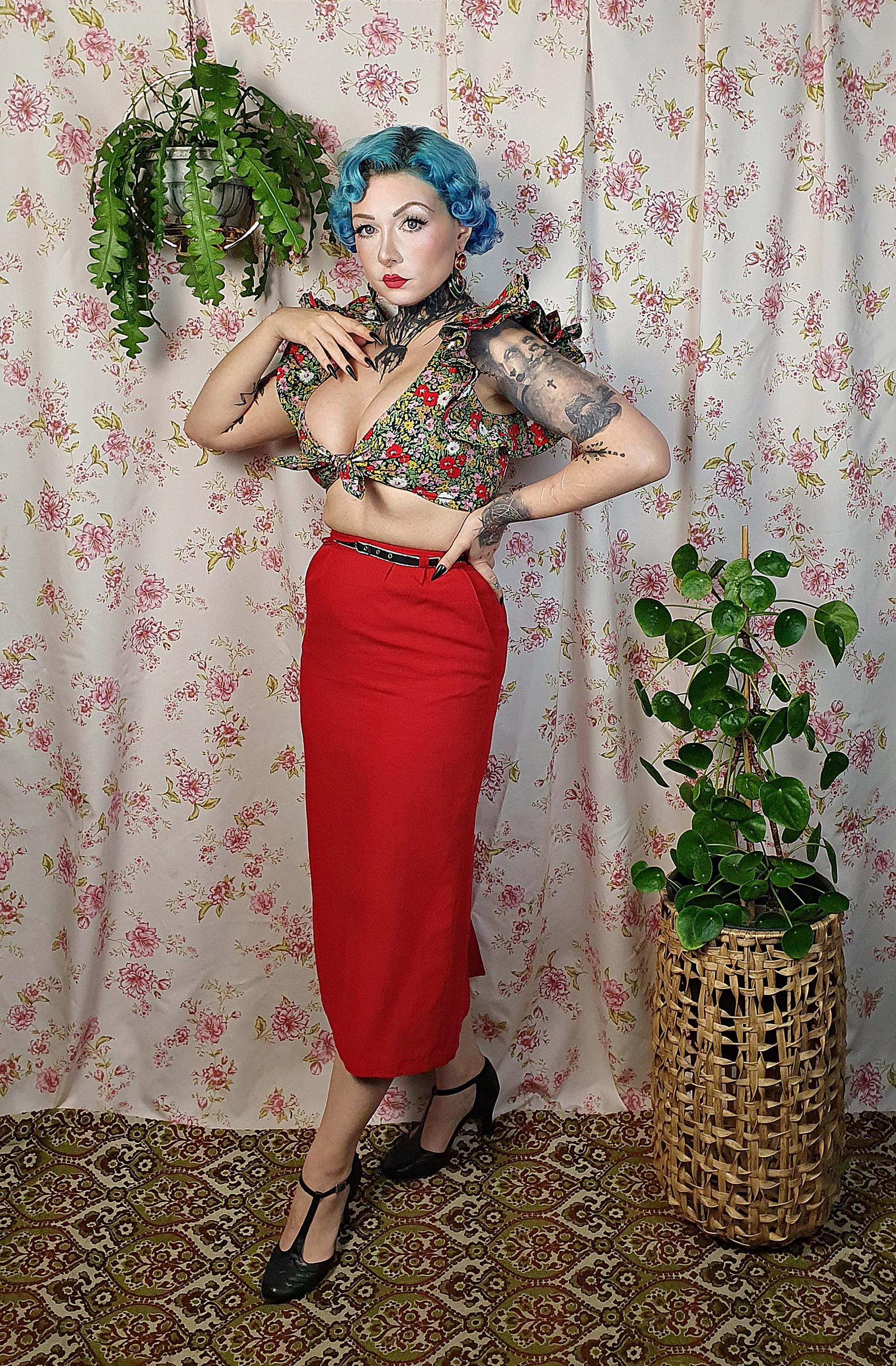 Floral Tie Crop Top – 1940s Style Flutter Sleeve Blouse, UK6