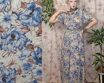 Romantic crepe rayon white blue shabby chic floral print maxi flutter sleeve dress- UK 12-16+ 1930s 1940s style 70s does 30s floral dress