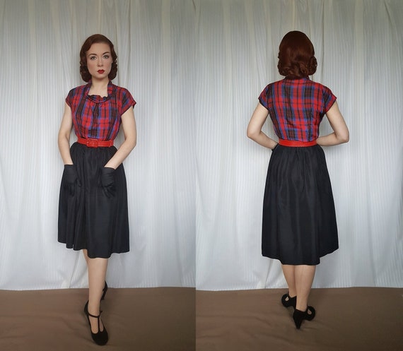 Vintage 1940s 1950s style taffeta plaid party dres