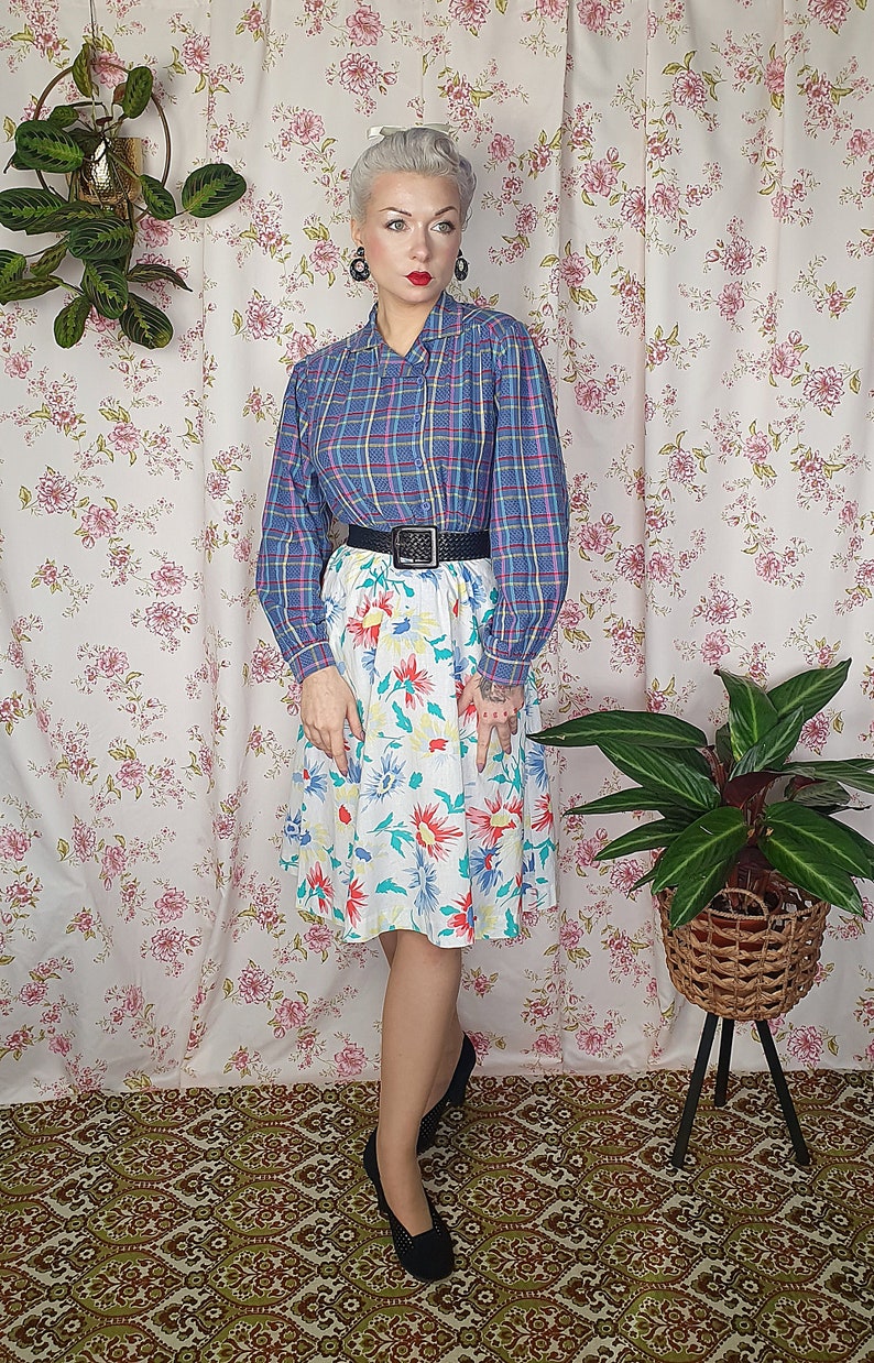 Vintage white blue red romantic floral a line cotton landgirl skirt UK 8-10 1940s 1950s style 80s does 50s a line 40s floral skirt image 5