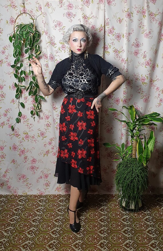 Vintage black red floral print a line midi skirt … - image 3