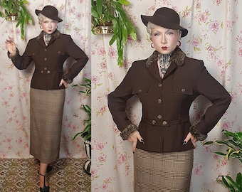 Vintage 1940s Style Jacket - Brown Faux Fur Leopard Collar, UK10-12