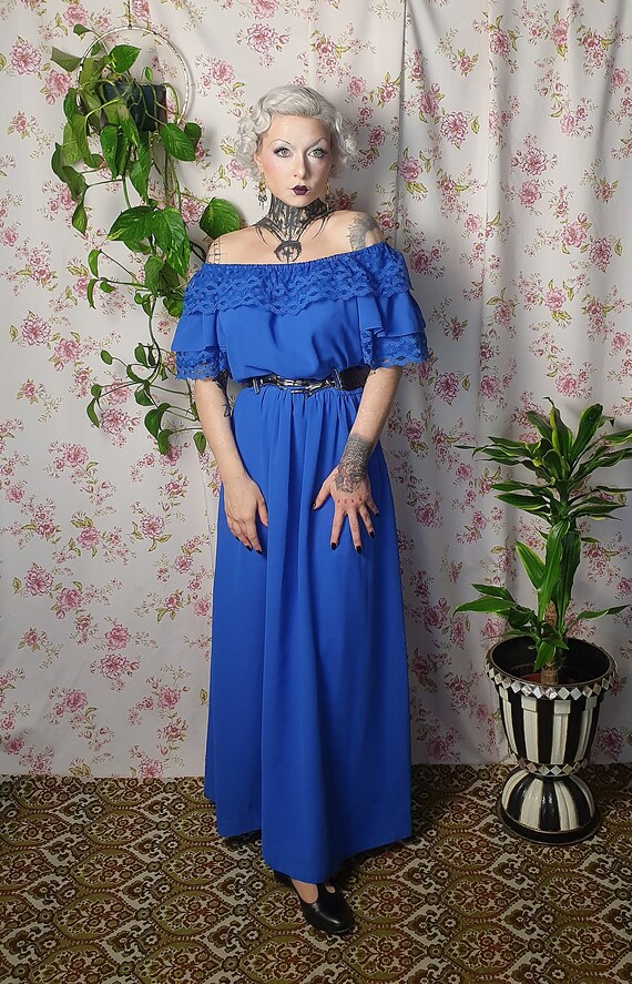 Vintage royal blue lace evening maxi off shoulder… - image 4