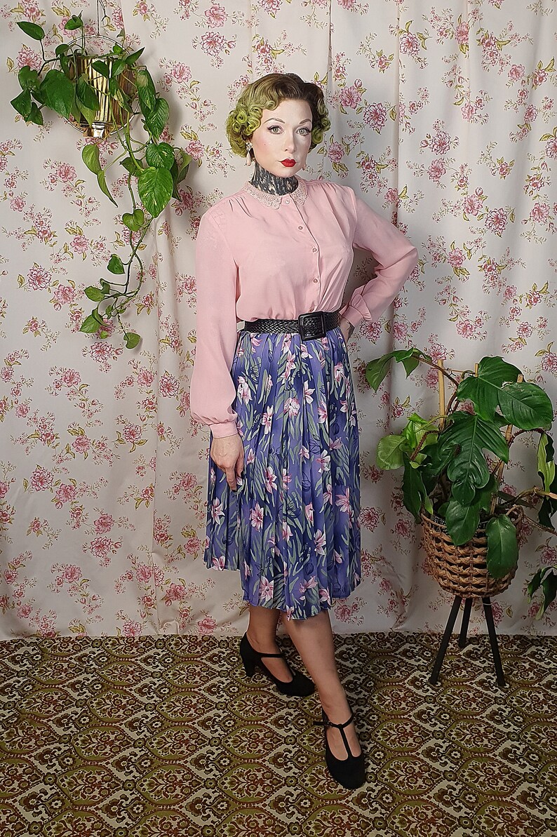 Vintage A line pleated floral blue purple pink green romantic swing skirt UK 8-10 1940s 1950s style 80s does 50s cottagecore skirt image 2