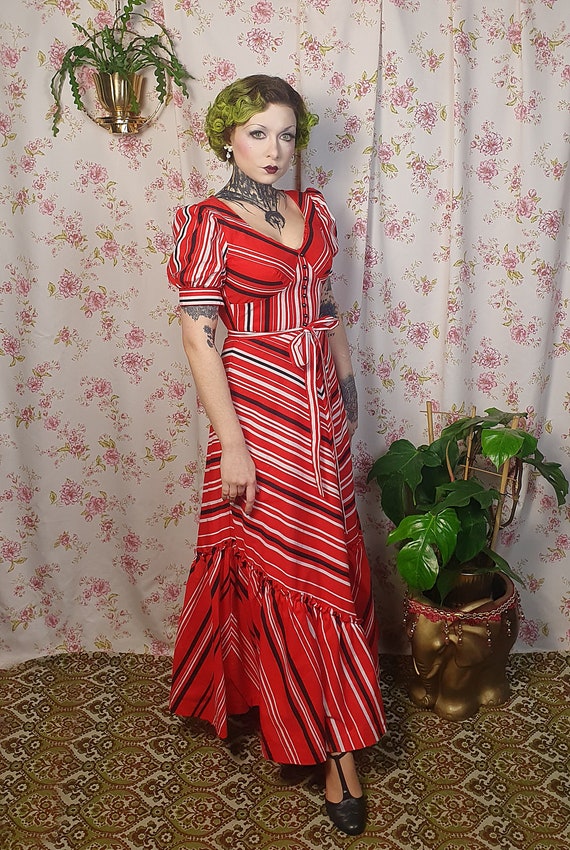 Vintage 30s Style Striped Maxi Dress - Red White Black, UK 6-8