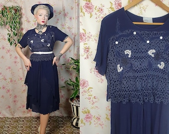 Rayon crepe navy white shortsleeve layered floral lace dress - UK10 - 14 -1930s 1940s style - 80s does 40s 50s floral dress