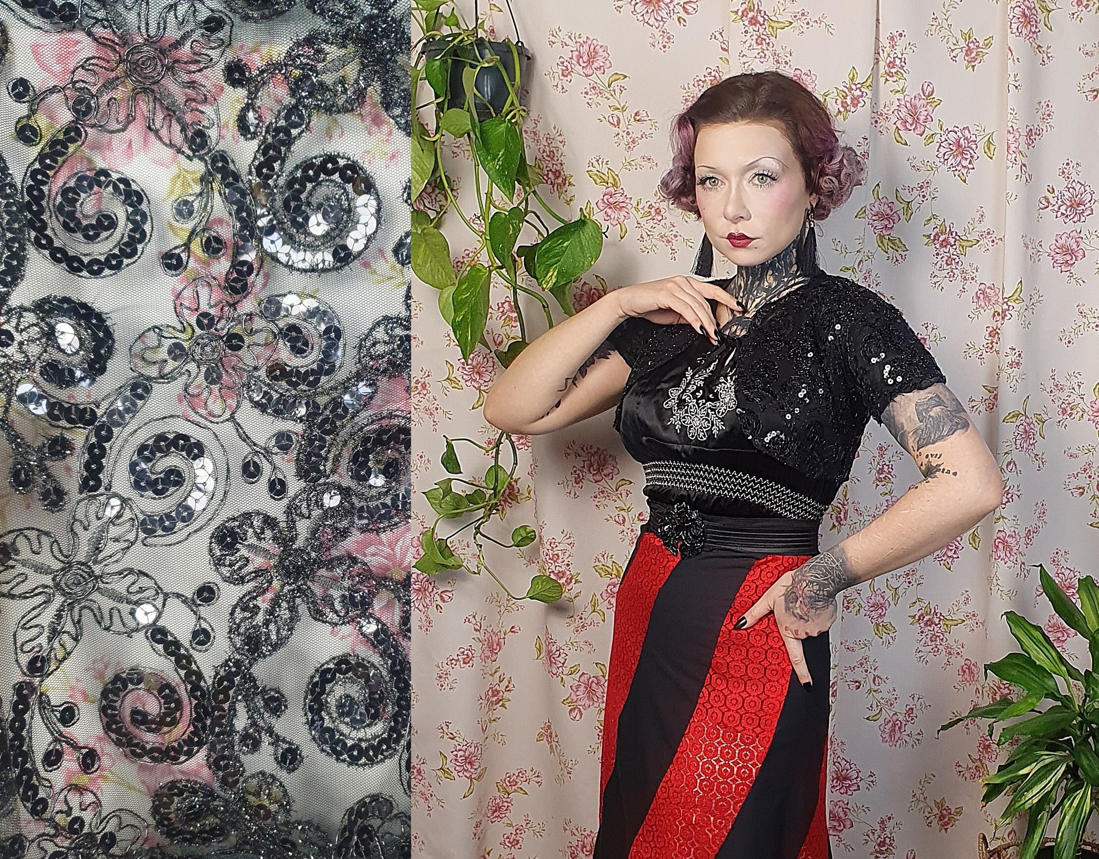 Vintage Sequin Bolero Jacket - Black Embroidered Shrug, UK 8-10